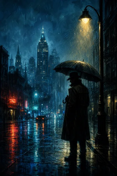 悬疑惊悚片《雨夜回声》电影海报，雨夜街灯下撑伞的侦探剪影